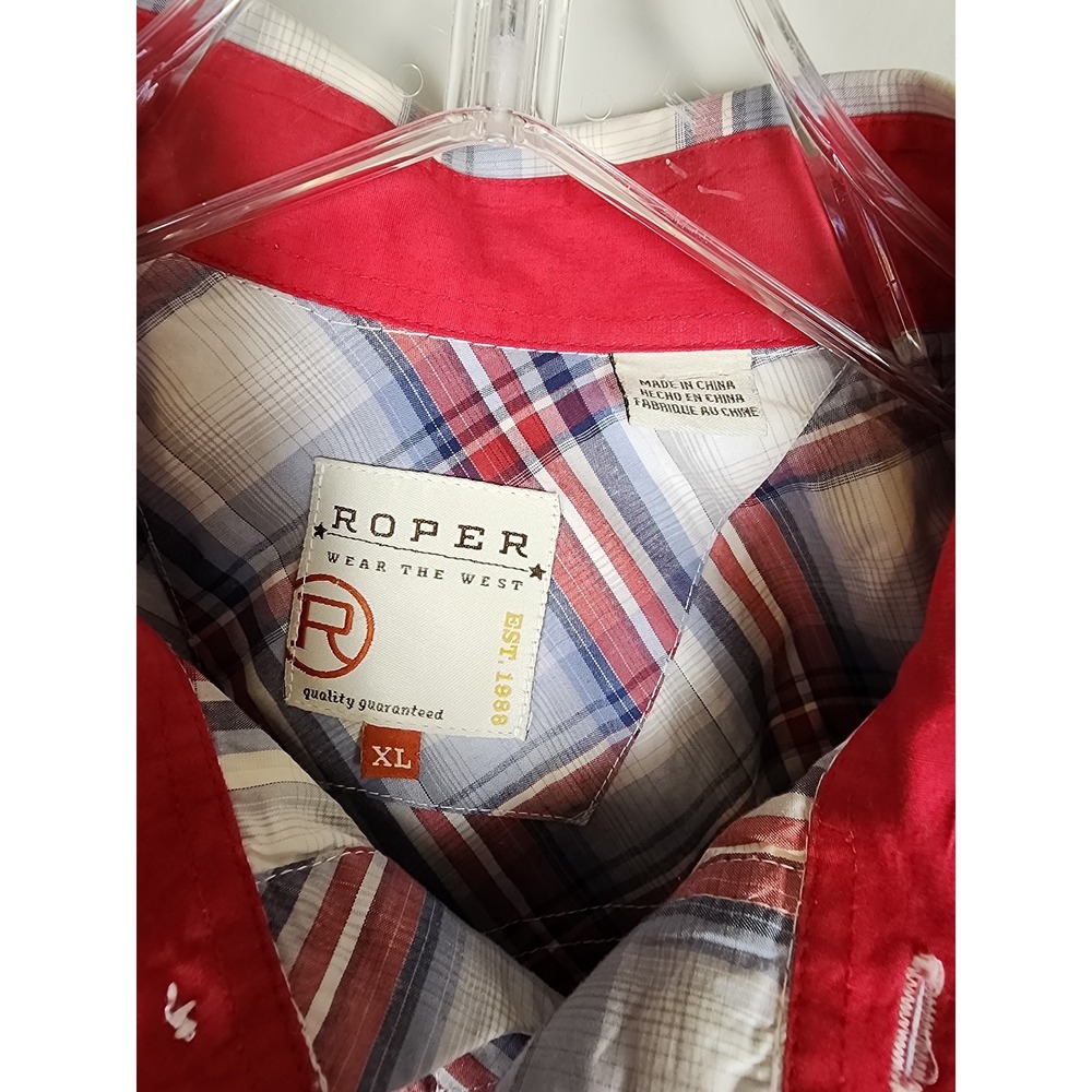 Roper Mens XL Red White Blue Plaid‎ Long Sleeve Western Snap Shirt Country Chore - Picture 7 of 9